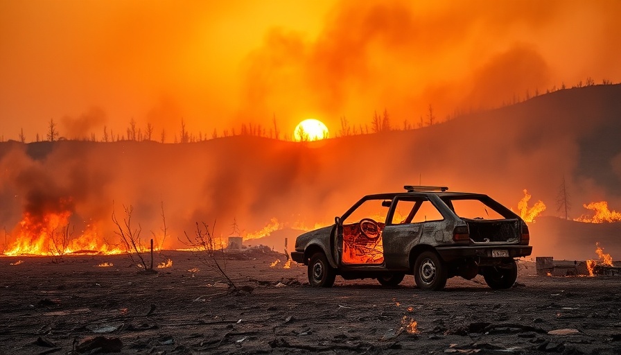 Burned car amid LA Wildfires destruction at sunset.