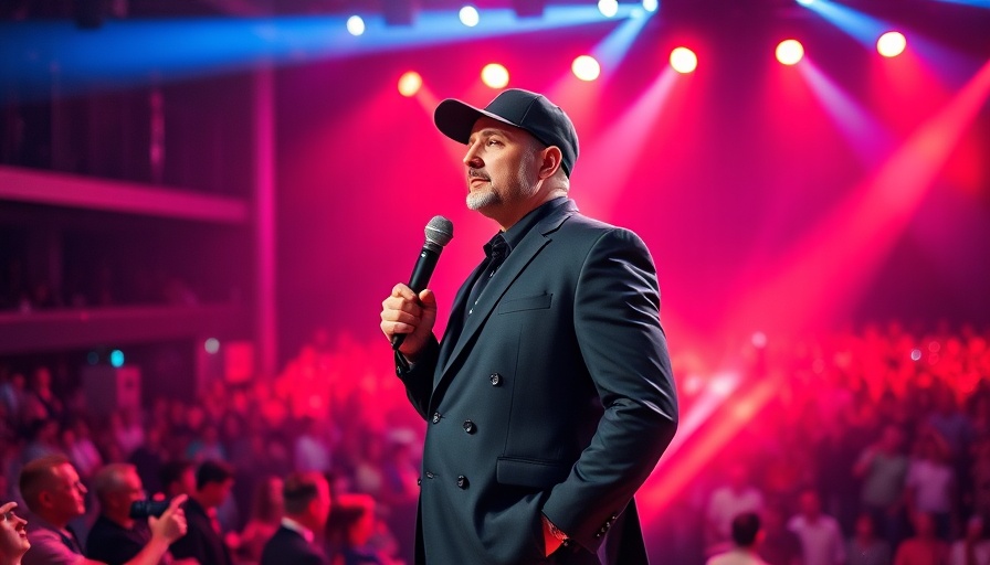 Man in black suit on stage, vibrant crowd backdrop.