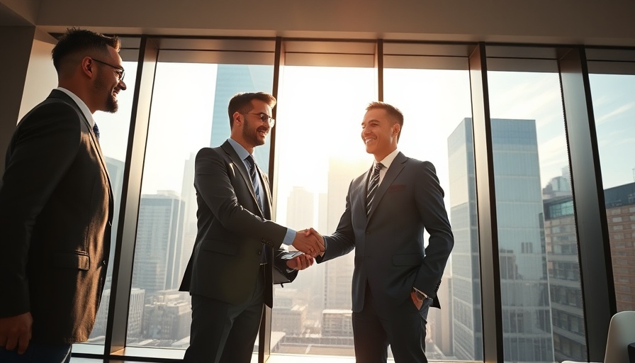 Business professionals in an office sealing an insurance acquisition deal.