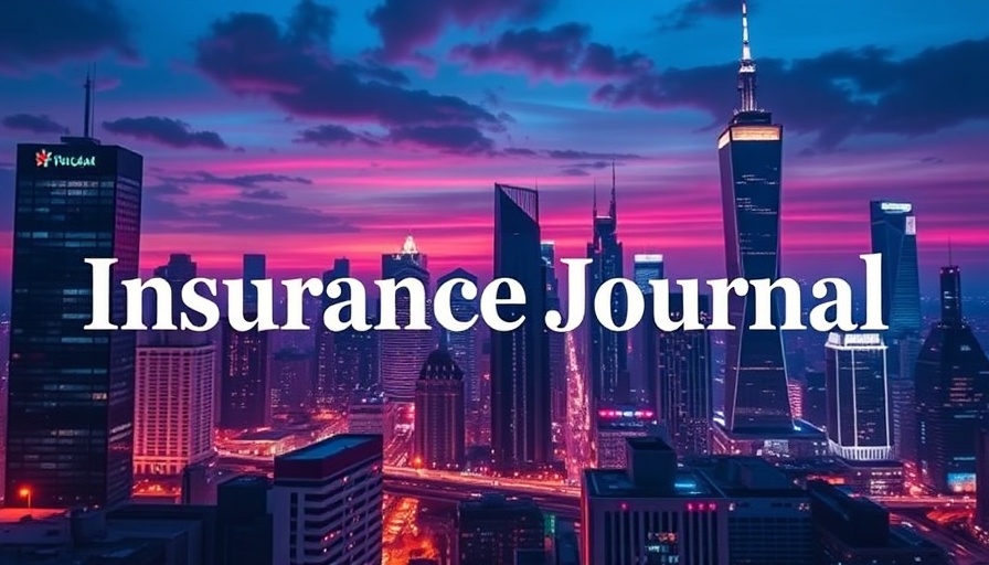 Futuristic cityscape with 'Insurance Journal' text, neon lights, pharmacy benefit managers.