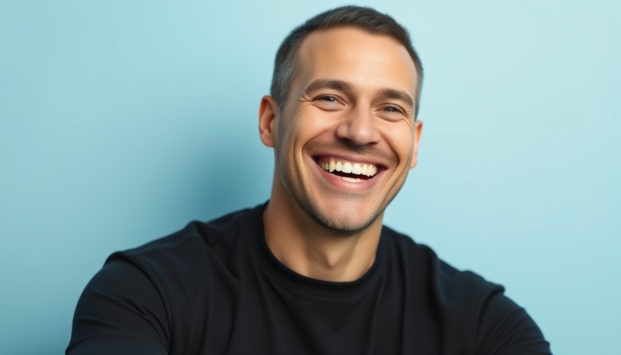 Smiling man in black shirt against blue background, AI avatars.