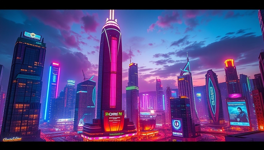 Futuristic cityscape with vibrant neon lights and skyscrapers.