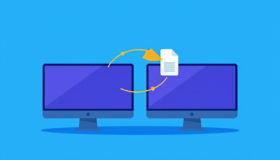 Illustration of website migration with file transfer between screens.