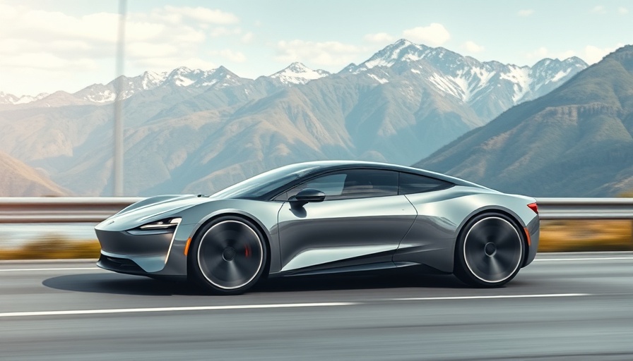 Tesla Model Y driving on highway with mountains in background.