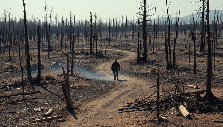 Aftermath of LA wildfires with person surveying destruction.