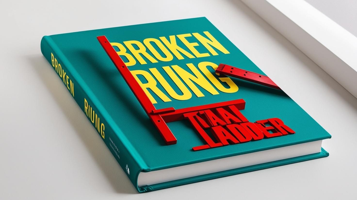 Teal book cover 'The Broken Rung' with red ladder