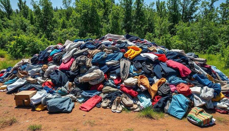 Pile of discarded clothing and shoes amid greenery, representing textile waste.