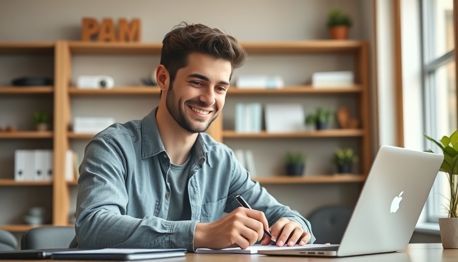 Young man working on laptop and writing notes, sales funnel concept.