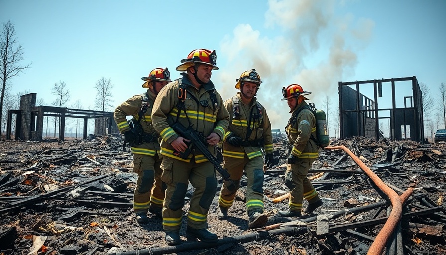 Firefighters assess LA Wildfire debris, charred remains.