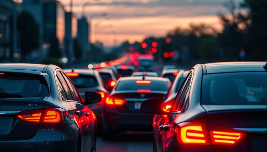 Traffic with red brake lights in urban dusk setting, Automatic Emergency Braking.