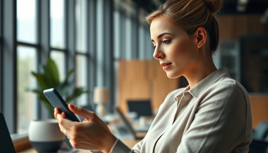 Woman using smartphone voice search SEO in modern office.