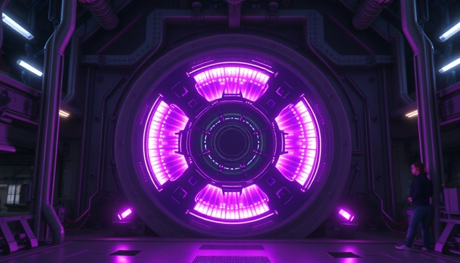 Futuristic fusion reactor core with glowing lights in industrial setting.