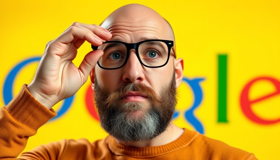 Inquisitive man adjusting glasses against Google backdrop.