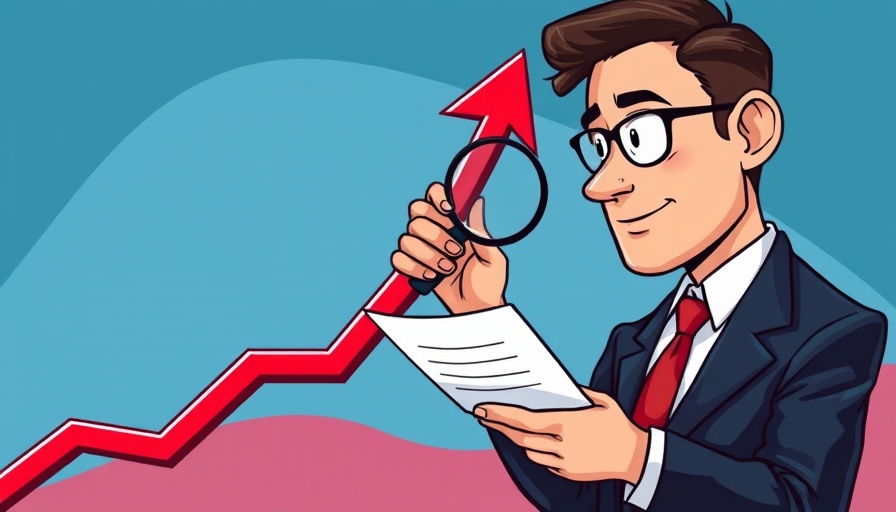 Illustration of financial growth with arrow and magnifying glass.