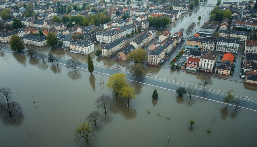 Aerial view of floods in France submerging streets and vehicles.