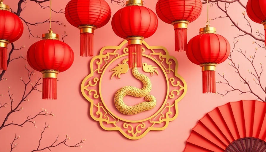 Chinese New Year design with gold snake and red lanterns representing China consumption.