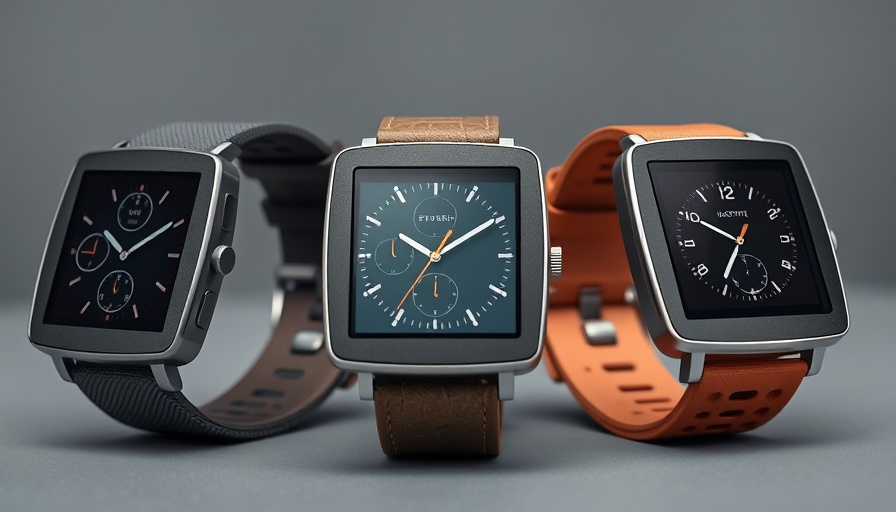 Stylish Pebble smartwatches display in vibrant detail against grey background.