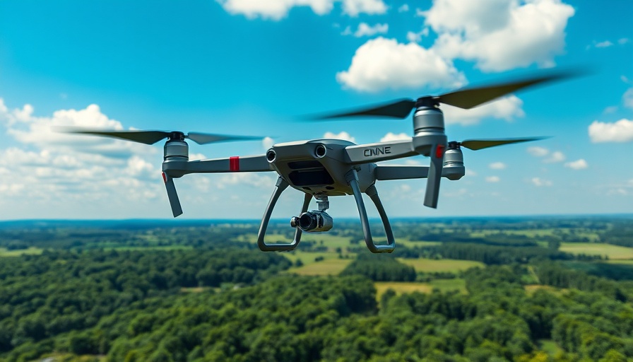 Drone used for weather forecasting in a clear sky over fields.