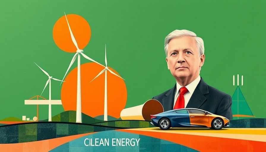 Collage art of climate technology with wind turbines and car.