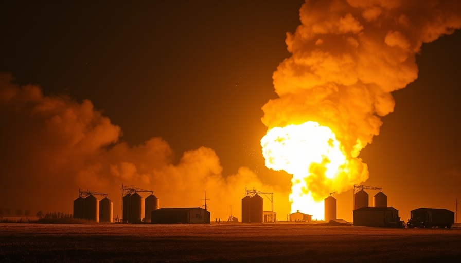 Ohio derailment explosion with fiery sky and silhouetted silos.