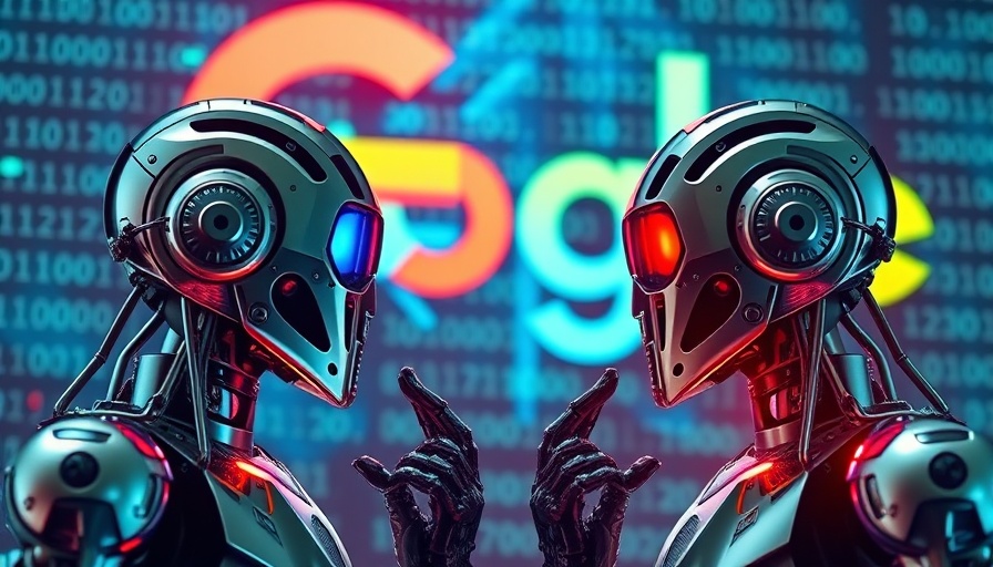 AI Search concept with futuristic robots near Google logo.