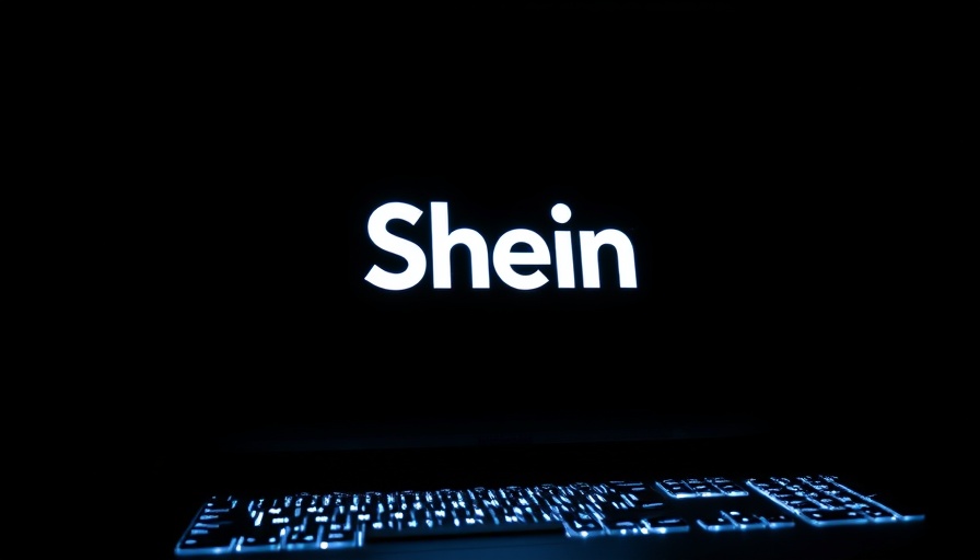 Shein consumer protection displayed with glowing logo on screen and keyboard.