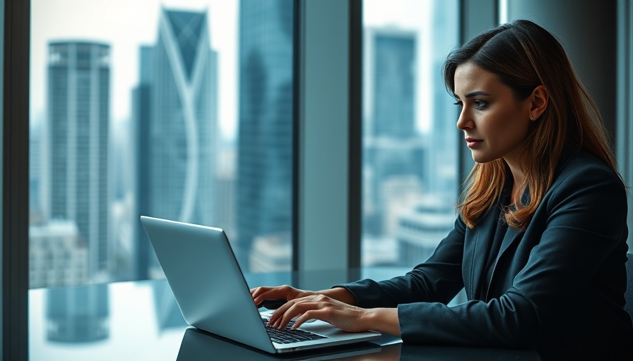 Focused woman analyzing data for SERP analysis in modern office.