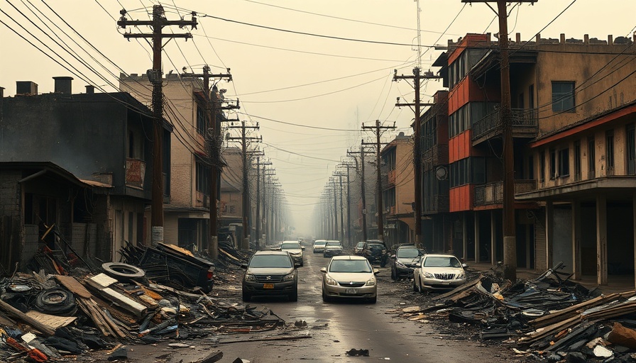 Los Angeles wildfires destruction, charred buildings and debris.