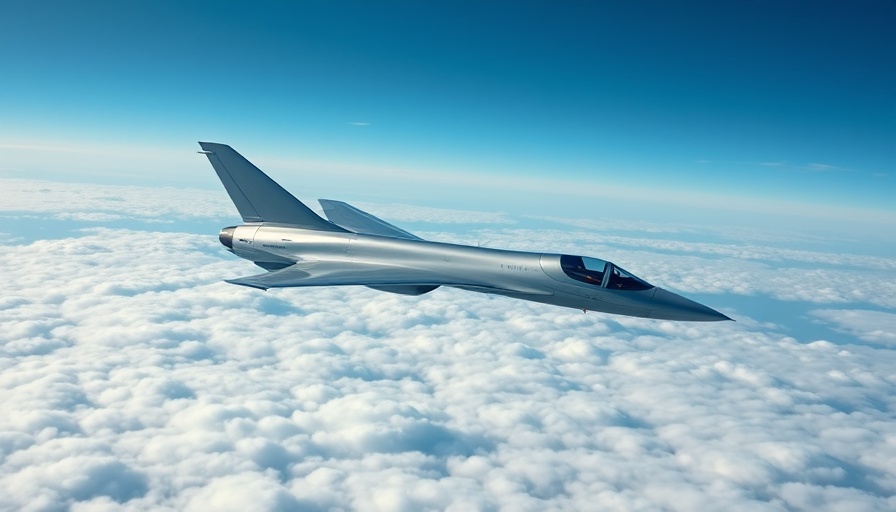 Supersonic flight of sleek jet over clouds in blue sky.