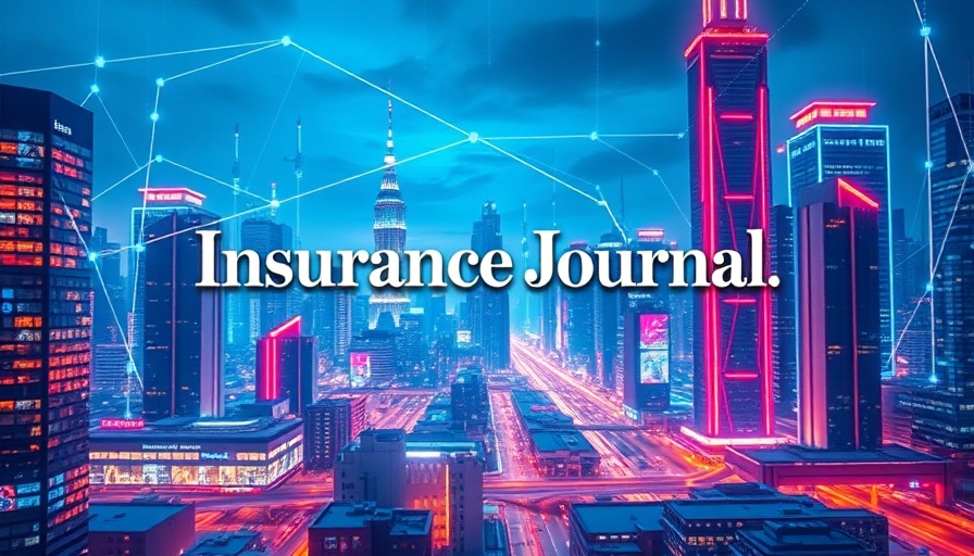 Digital cityscape with insurance acquisitions theme, vibrant skyline.