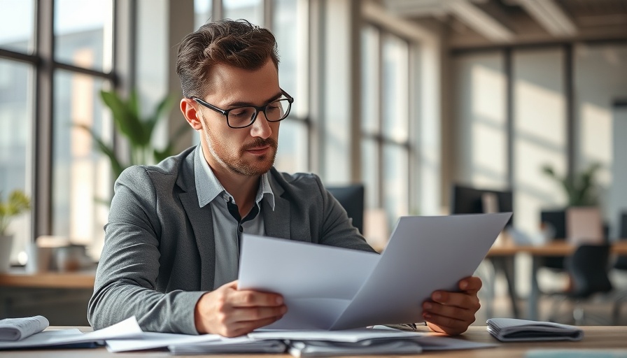 Federal worker reviewing paperwork in office, contemplating buyout options.