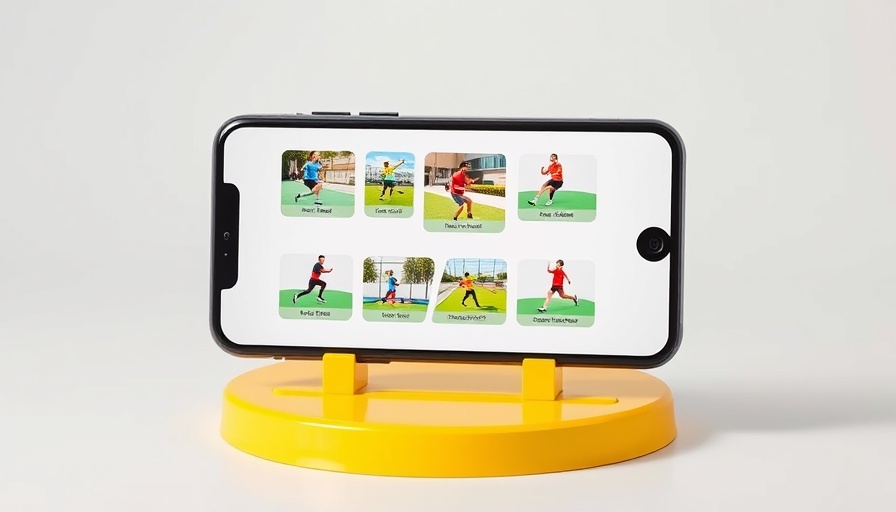 Modern smartphone displaying virtual PE classes app on a yellow stand.