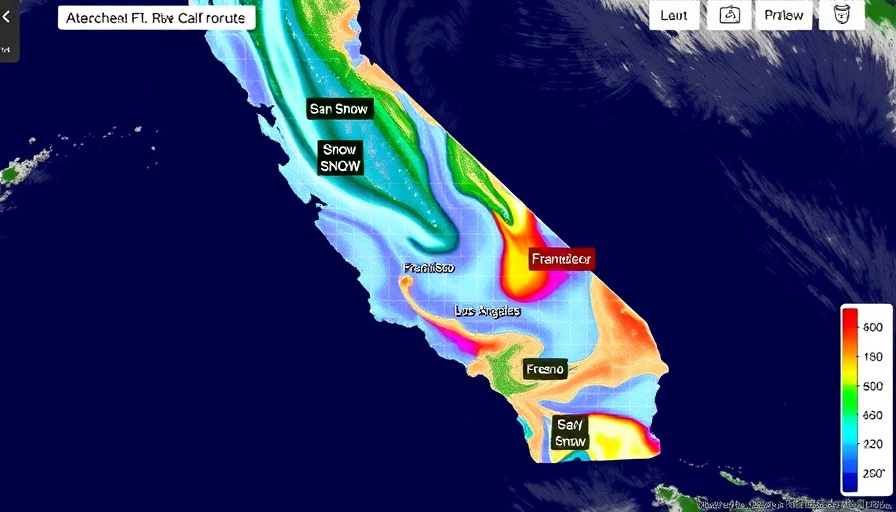 Weather map of storm forecast affecting mudslides in California.