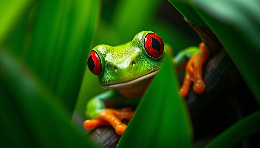 Close-up of a green tree frog representing amphibian declines.