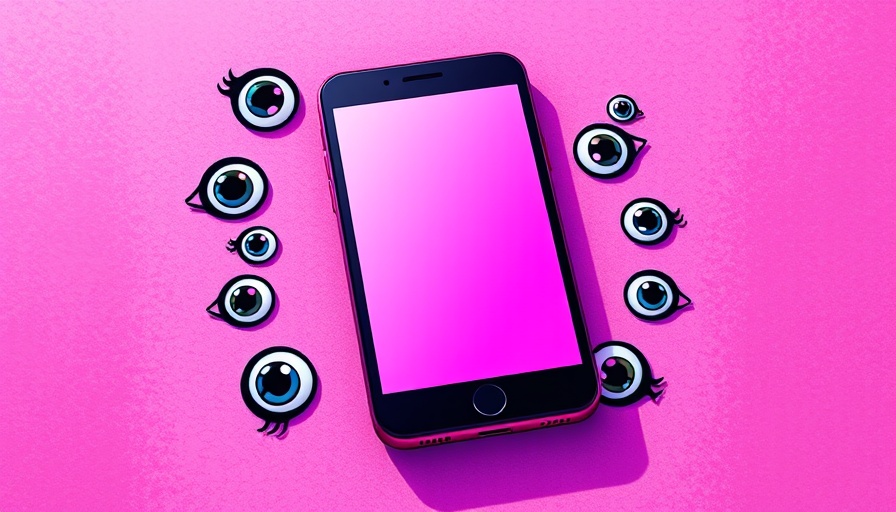 Abstract graphic of a phone with eyes on pink background.