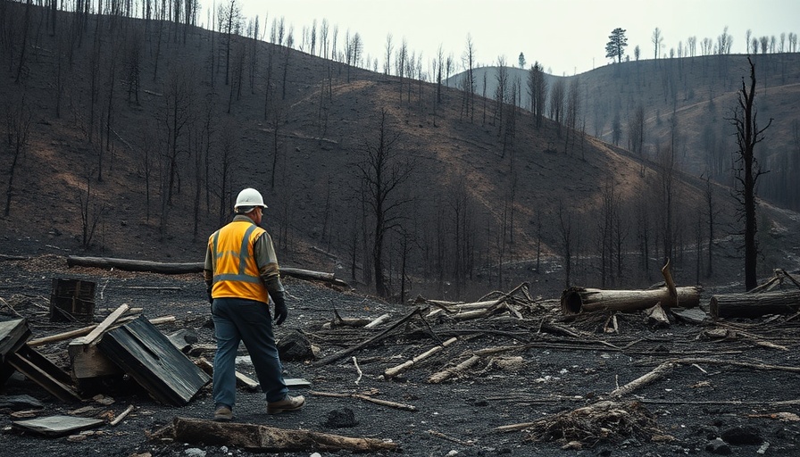 California wildfire aftermath, safety worker assessing damage.