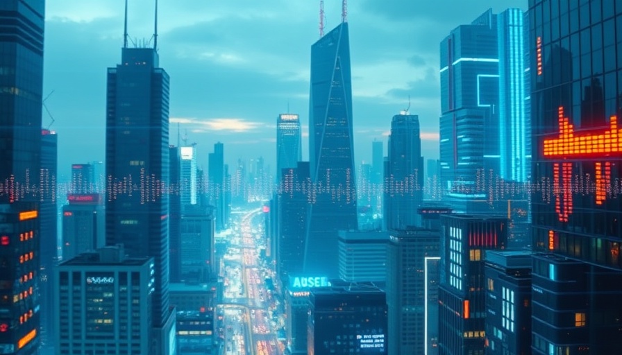 Futuristic cityscape with digital elements representing State Farm rate increase in California.