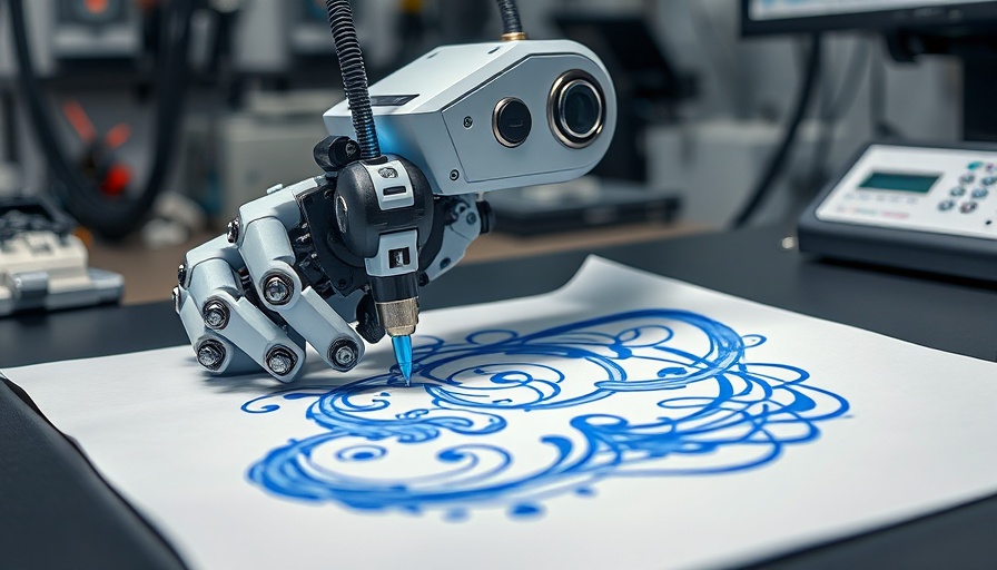 Calligraphy bot drawing intricate blue designs on paper.