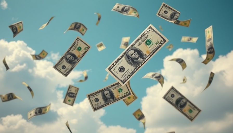 Dollar bills falling in a blue sky for fintech investment.