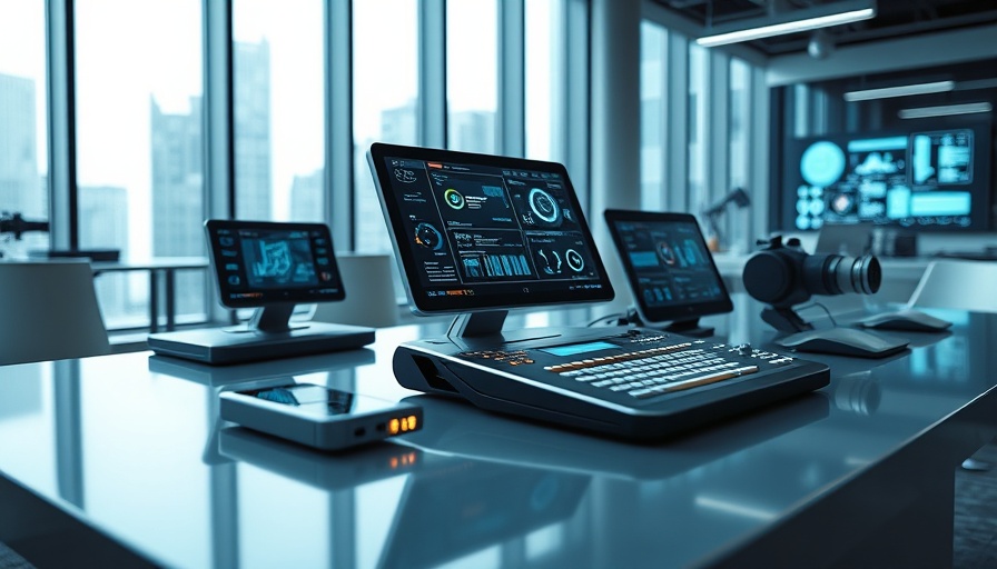 Futuristic gadgets on display in a modern office setting, latest tech news.