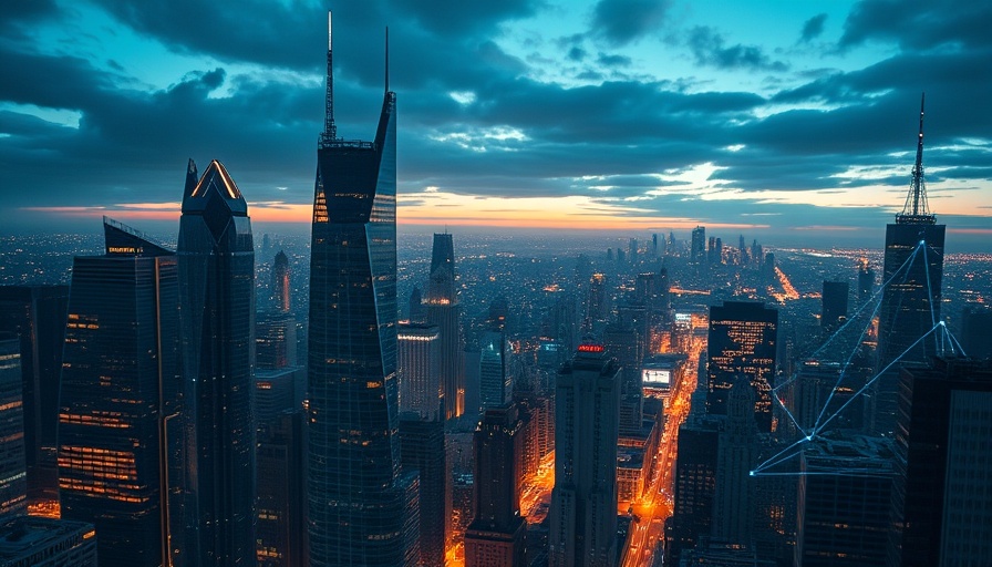 Futuristic cityscape with digital overlay at dusk.