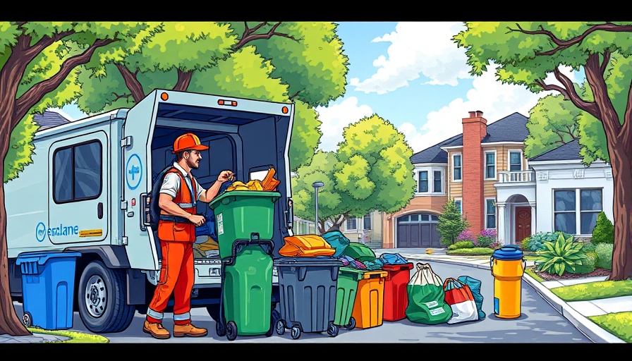 Garbage collectors in cartoon style on a residential street.