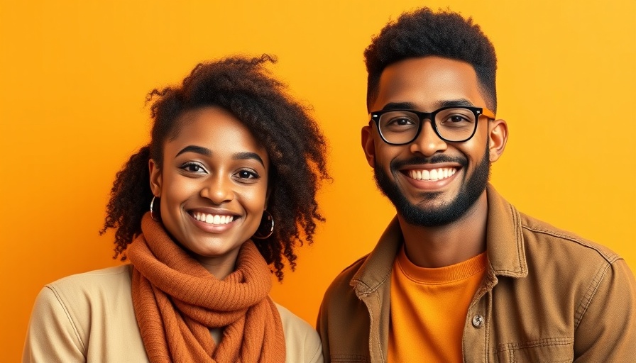 Happy individuals posing confidently against orange backdrop.