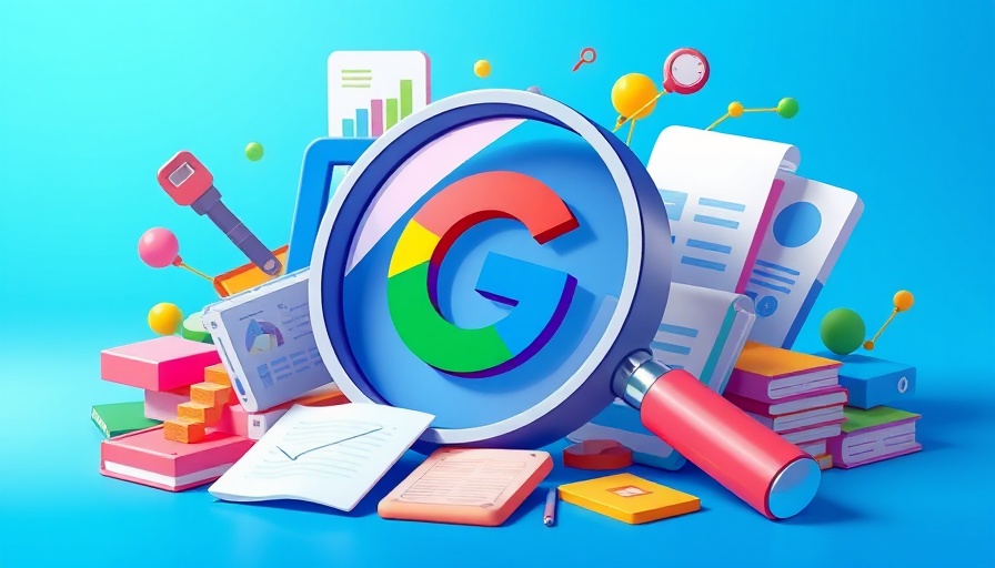 Google logo with magnifying glass over digital elements, 3D illustration.