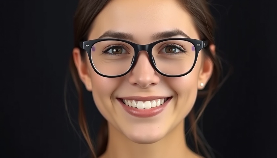 Smiling woman facing forward with glasses, soft lighting.