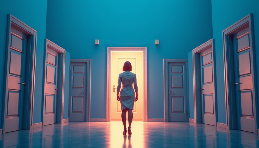 Woman stands before an illuminated door among closed doors, symbolizing the gender pay gap.