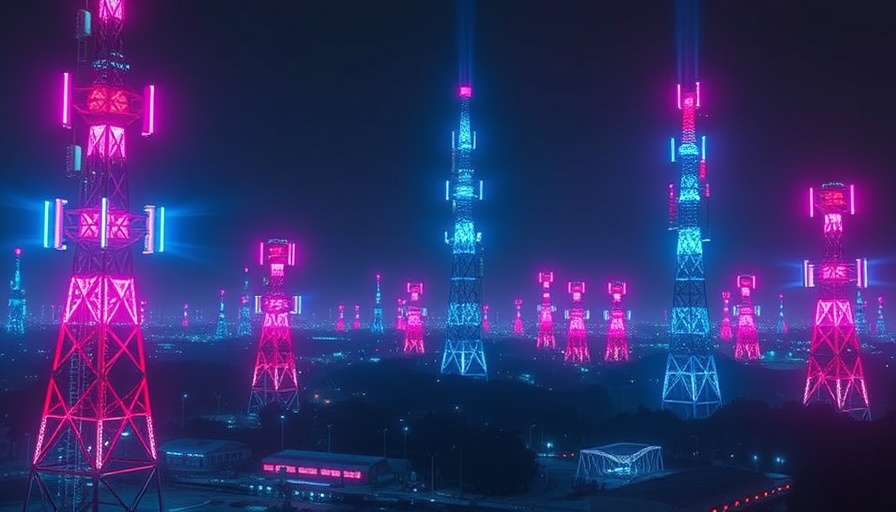 Futuristic telecom towers with digital signals and vibrant energy flows