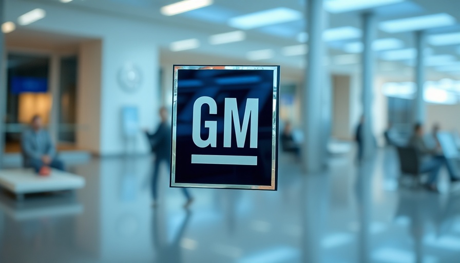 Reflective GM logo seen through glass with subtle reflections.