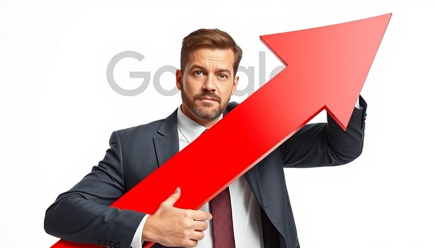 Businessman with red arrow facing Google symbol, minimal background