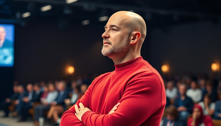 Bald man in red sweater on stage at TechCrunch Disrupt conference.